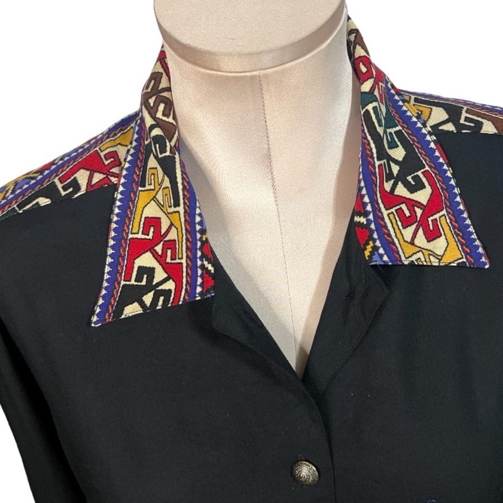 Vintage SK & Company Black with Multi Color Tribal Print Long Sleeve Blo… - Picture 5 of 17